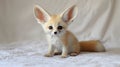 tiny fennec fox cub sits on soft white surface. Its large ears twitch as it listens attentively and its fluffy golden