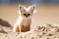 tiny fennec fox with large ears standing on a sand dune