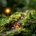 Tiny figures participate in a joyful Easter egg hunt along a mossy forest path adorned with colorful eggs and soft Royalty Free Stock Photo