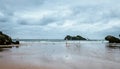 Tiny figurine little boy running on deserted sea coast with flying seagulls