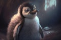 Tiny and fluffy penguin chick with a curious gaze looking up at its parent in the icy landscape of Antarctica