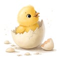 Tiny fluffy yellow chick peeking out of a cracked egg, surrounded by scattered eggshell fragments. The chick looks curious and Royalty Free Stock Photo