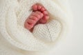 The tiny foot of a newborn baby. Soft feet of a new born in a white wool blanket