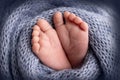 The tiny foot of a newborn. Soft feet of a newborn in a blue woollen blanket.