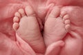 The tiny foot of a newborn. Soft feet of a newborn in a pink blanket. Royalty Free Stock Photo