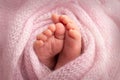 The tiny foot of a newborn. Soft feet of a newborn in a pink woolen blanket Royalty Free Stock Photo