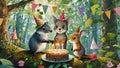 Tiny forest animals are having a birthday party on a tree Royalty Free Stock Photo