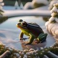 A tiny frog in a Christmas turtleneck sweater, leaping near a pond dusted with snow4