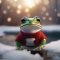 A tiny frog in a Christmas turtleneck sweater, leaping near a pond dusted with snow3