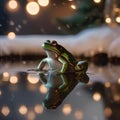 A tiny frog in a Christmas turtleneck sweater, leaping near a pond dusted with snow1