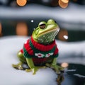 A tiny frog in a Christmas turtleneck sweater, leaping near a pond dusted with snow5