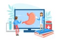 Tiny Gastroenterologist Doctors Examining Stomach on Computer Screen, Man and Woman Doctors Doing Medical Research Royalty Free Stock Photo