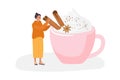 Tiny girl cooking creamy hot drink with cinnamon and anise. Woman serves cinnamon. Flat Vector Template of poster for