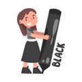 Tiny Girl Holding Huge Black Pencil, Cute Girl in Black Dress Drawing with Large Crayon Cartoon Style Vector Royalty Free Stock Photo