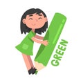 Tiny Girl Holding Huge Green Pencil, Cute Girl in Green Dress Drawing with Large Crayon Cartoon Style Vector Royalty Free Stock Photo