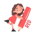 Tiny Girl Holding Huge Red Pencil, Cute Girl in Red Dress Drawing with Large Crayon Cartoon Style Vector Illustration Royalty Free Stock Photo