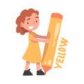 Tiny Girl Holding Huge Yellow Pencil, Cute Girl in Yellow Dress Drawing with Large Crayon Cartoon Style Vector Royalty Free Stock Photo