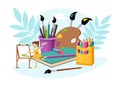 Tiny Girl Painter Painting on Easel with Paint Brush, Art and Craft, Creative Children Education Cartoon Vector