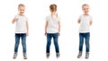 Tiny girl standing pointing at herself, isolated