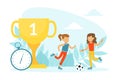 Tiny Girls Soccer Players Characters with Winner Cup and Stopwatch Cartoon Vector Illustration