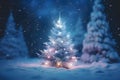 Tiny glowing Christmas tree in the forest all around giant pine trees, falling snow at night.Christmas banner with space for your