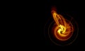 Tiny golden red yellow spiral with blazing burning hearth and sparks in the center of it on black background.