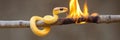 Tiny Golden Snake Navigates Peril on a Burning Branch, a Display of Resilience and Danger. Royalty Free Stock Photo