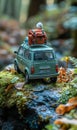 Tiny green car with backpack on a forest path during autumn Royalty Free Stock Photo