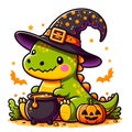 A tiny, green dinosaur dressed as a witch for Halloween. Complete with a pointed hat and a cauldron.By Generative AI Royalty Free Stock Photo