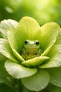 Tiny Green Frog Resting Inside Blooming Flower With Fresh Dew Drops Royalty Free Stock Photo