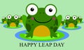 A tiny green frogs sits on a lily pad in a calm pond happy leap day