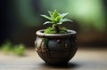 tiny green plant in classic flowerpot close-up macro photograph