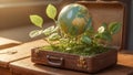 A tiny green seedling emerging from a vintage suitcase, symbolizing the transformative power of travel and the promise of new