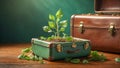 A tiny green seedling emerging from a vintage suitcase, symbolizing the transformative power of travel and the promise of new