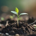 Tiny green seedling with two leaves growing from dark soil in soft light sprout plant Royalty Free Stock Photo
