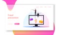 Tiny Hackers Hacking Credit Card or Personal Data Landing Page Template. Male Characters Sit on Huge Computer with Rods