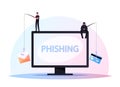 Tiny Hackers Male Characters Sitting on Huge Computer with Rods Phishing via Internet, Email Spoofing, Fishing Messages