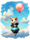 A tiny hamster is gently drifting in the sky aided by balloons. Royalty Free Stock Photo