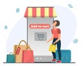 Tiny happy woman standing near shopping bags with shopper in the hands, online shopping concept, using devices concept Royalty Free Stock Photo
