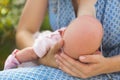 Tiny head of newborn baby girl wearing pink dress on hands of her mother Royalty Free Stock Photo