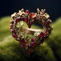 Tiny heart with gold ornaments, leaves and tiny red rubies green background. Heart as a symbol of affection and Royalty Free Stock Photo