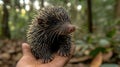 Tiny hedgehog held in hand, nestled in forest floor Royalty Free Stock Photo