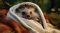 tiny hedgehog in a medical dressing gown, as if ready to receive first aid in a forest hospital Royalty Free Stock Photo