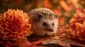 Tiny Hedgehog with Orange Dahlia and Autumn Leaves, Close-up Royalty Free Stock Photo