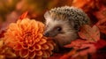 Tiny Hedgehog with Orange Dahlia and Autumn Leaves, Close-up Royalty Free Stock Photo