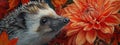 Tiny Hedgehog with Orange Dahlia and Autumn Leaves, Close-up Royalty Free Stock Photo