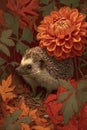 Tiny Hedgehog with Orange Dahlia and Autumn Leaves, Close-up Royalty Free Stock Photo