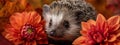 Tiny Hedgehog with Orange Dahlia and Autumn Leaves, Close-up Royalty Free Stock Photo