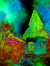 Tiny historic belfry in rural landscape, graphic collage with light and color effect.