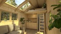 In this tiny home, you'll find a cozy living area, a compact kitchen, and a lofted bed Royalty Free Stock Photo